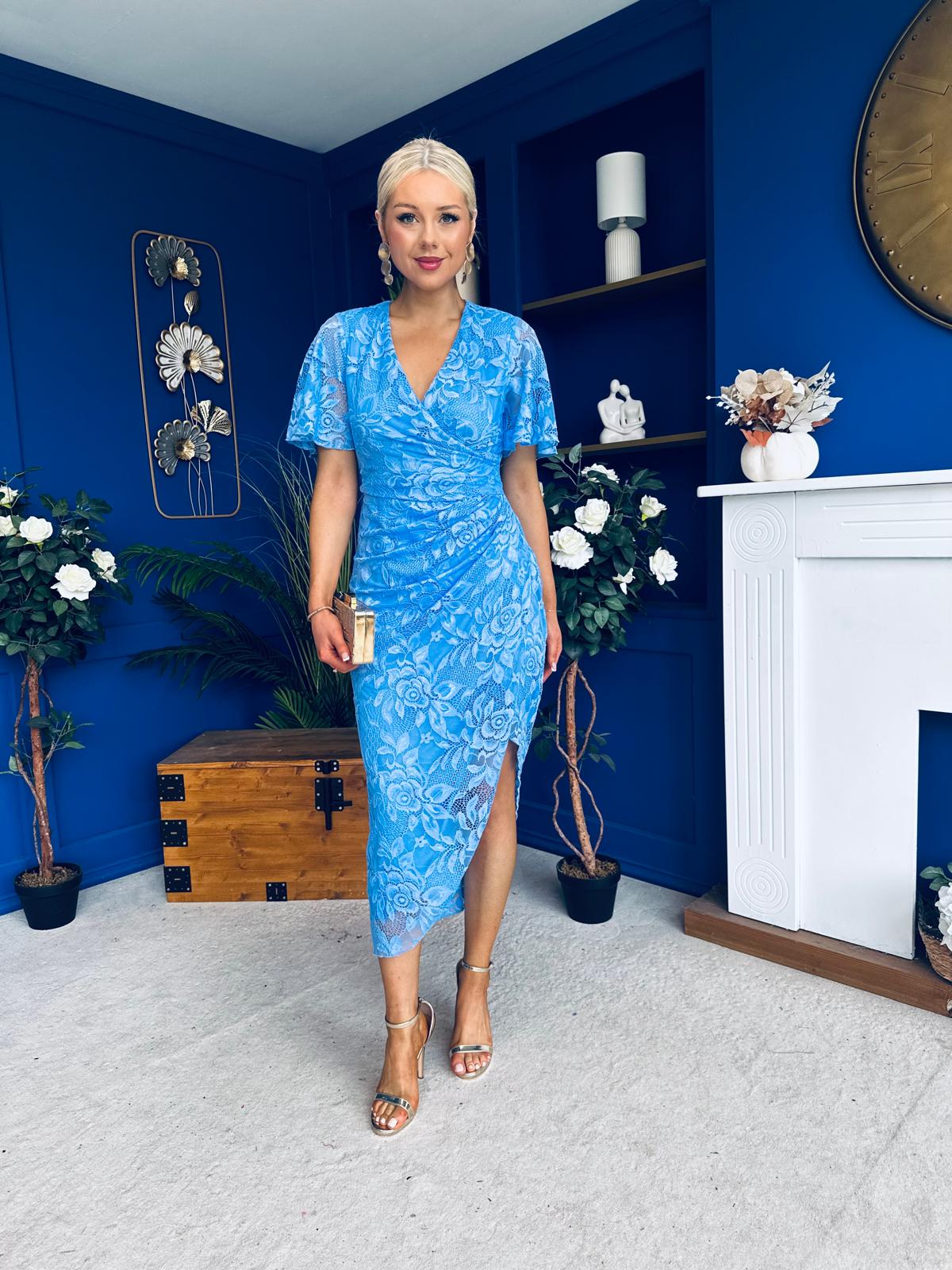 Natasha Lace Angel Sleeve Midi Dress Blue
