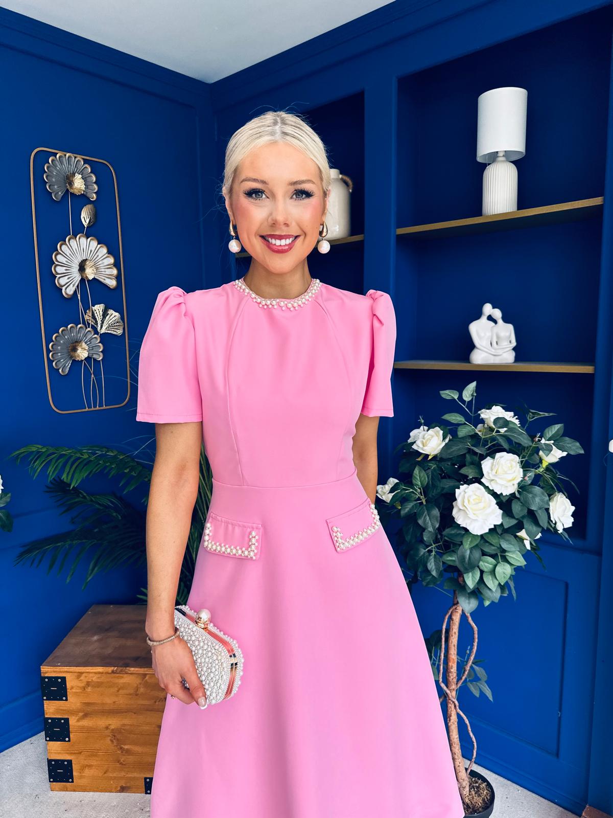 Eleanor Pearl Detail Occasion Midi Dress Pwr Pink