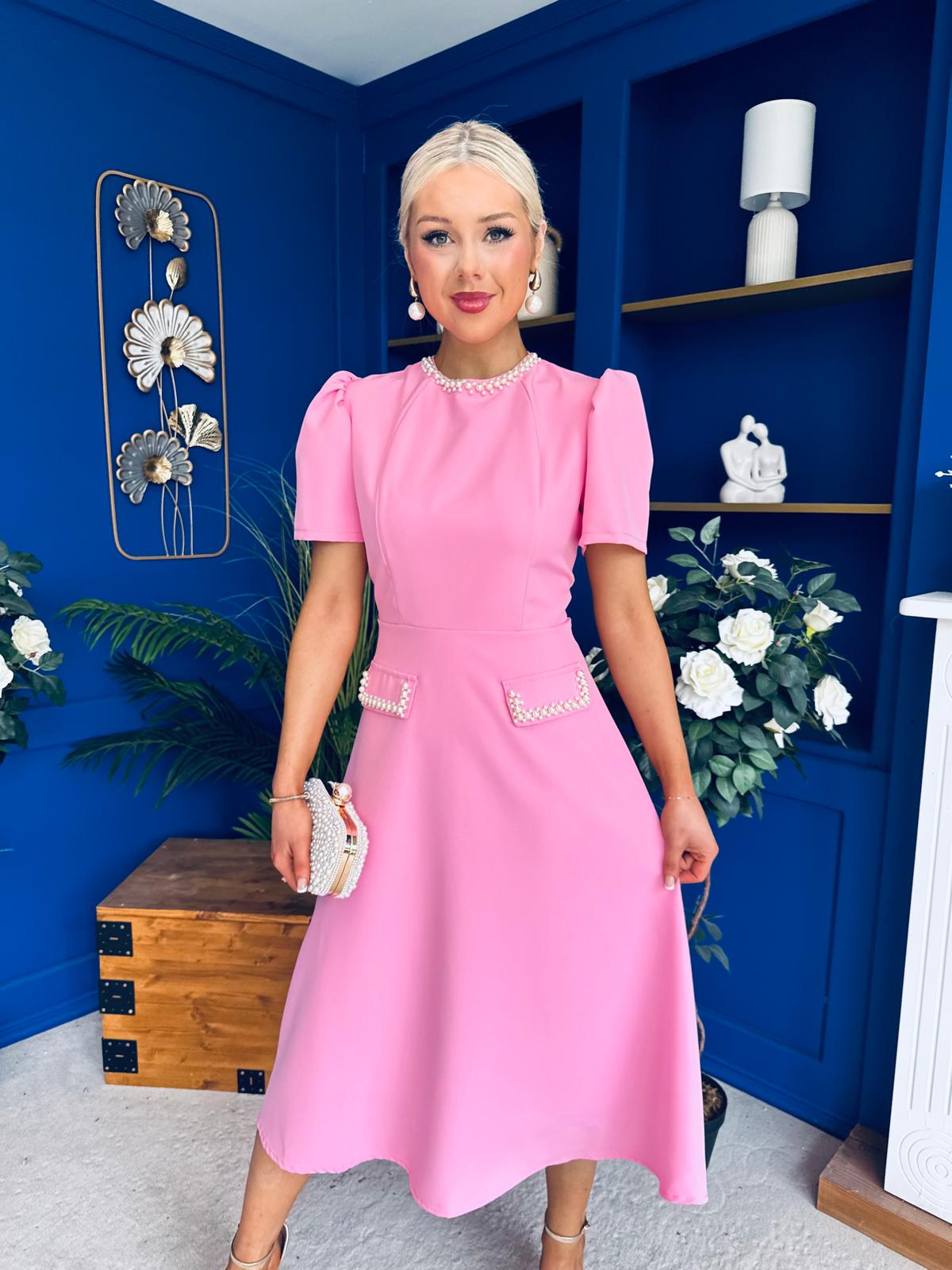 Eleanor Pearl Detail Occasion Midi Dress Pwr Pink