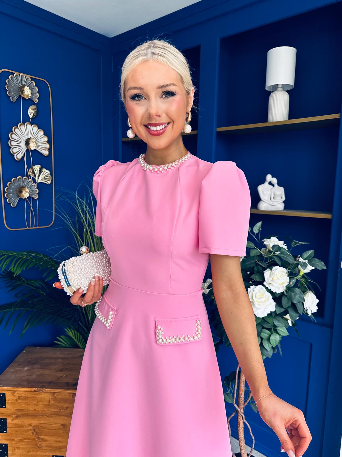 Eleanor Pearl Detail Occasion Midi Dress Pwr Pink