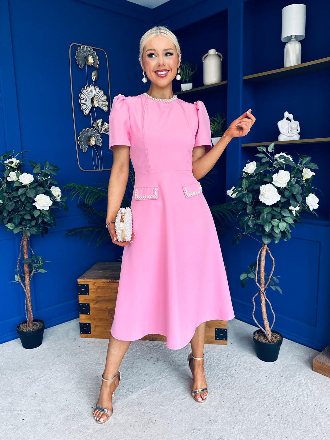 Eleanor Pearl Detail Occasion Midi Dress Pwr Pink