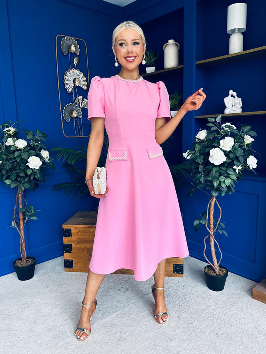 Eleanor Pearl Detail Occasion Midi Dress Pwr Pink