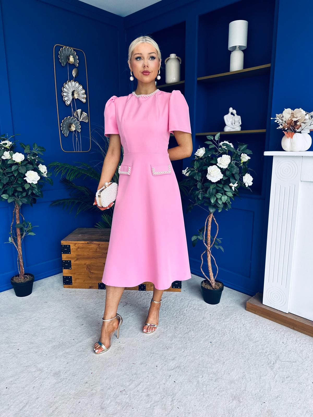 Eleanor Pearl Detail Occasion Midi Dress Pwr Pink