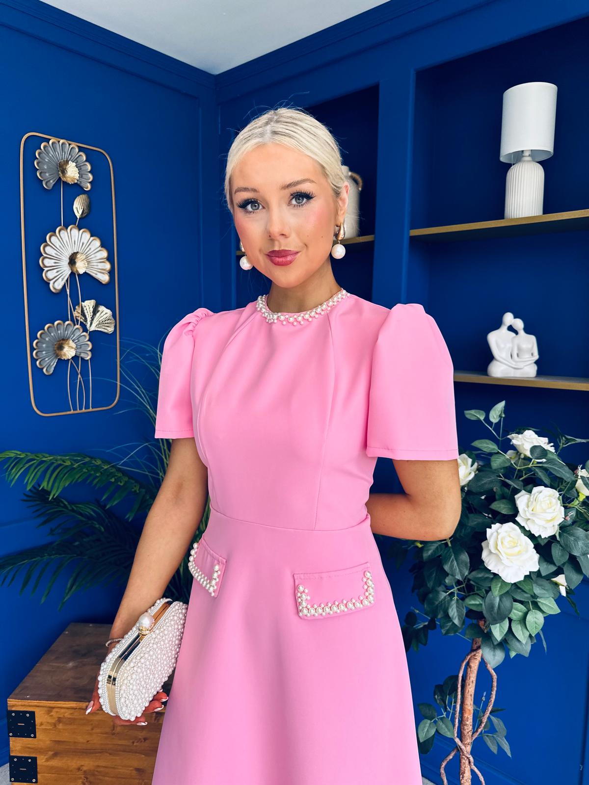 Eleanor Pearl Detail Occasion Midi Dress Pwr Pink