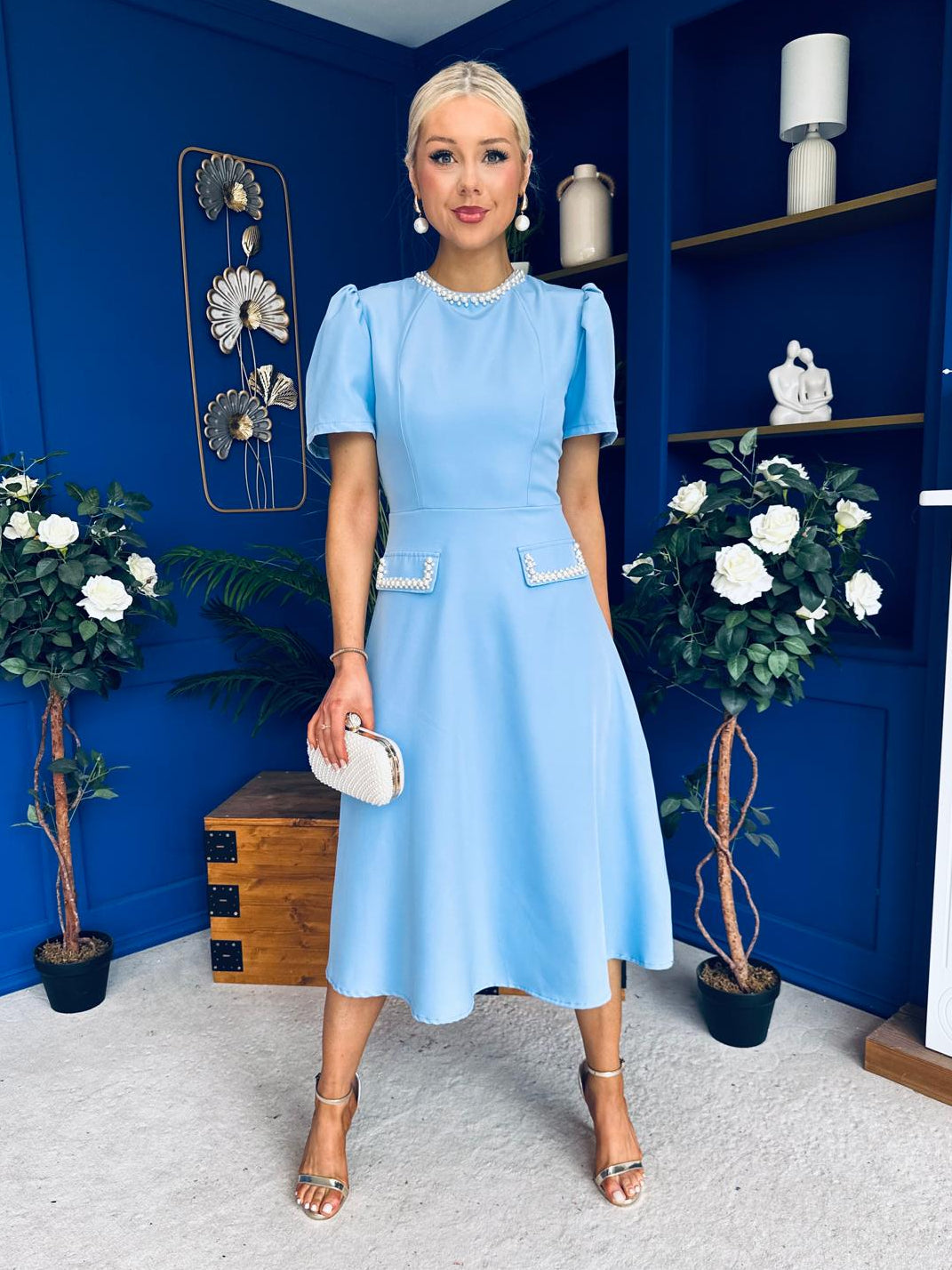Eleanor Pearl Detail Occasion Midi Dress Pwr Blue
