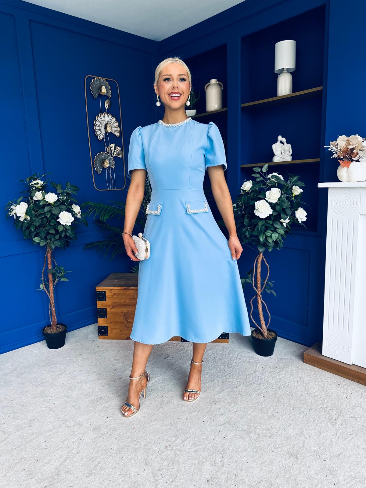 Eleanor Pearl Detail Occasion Midi Dress Pwr Blue