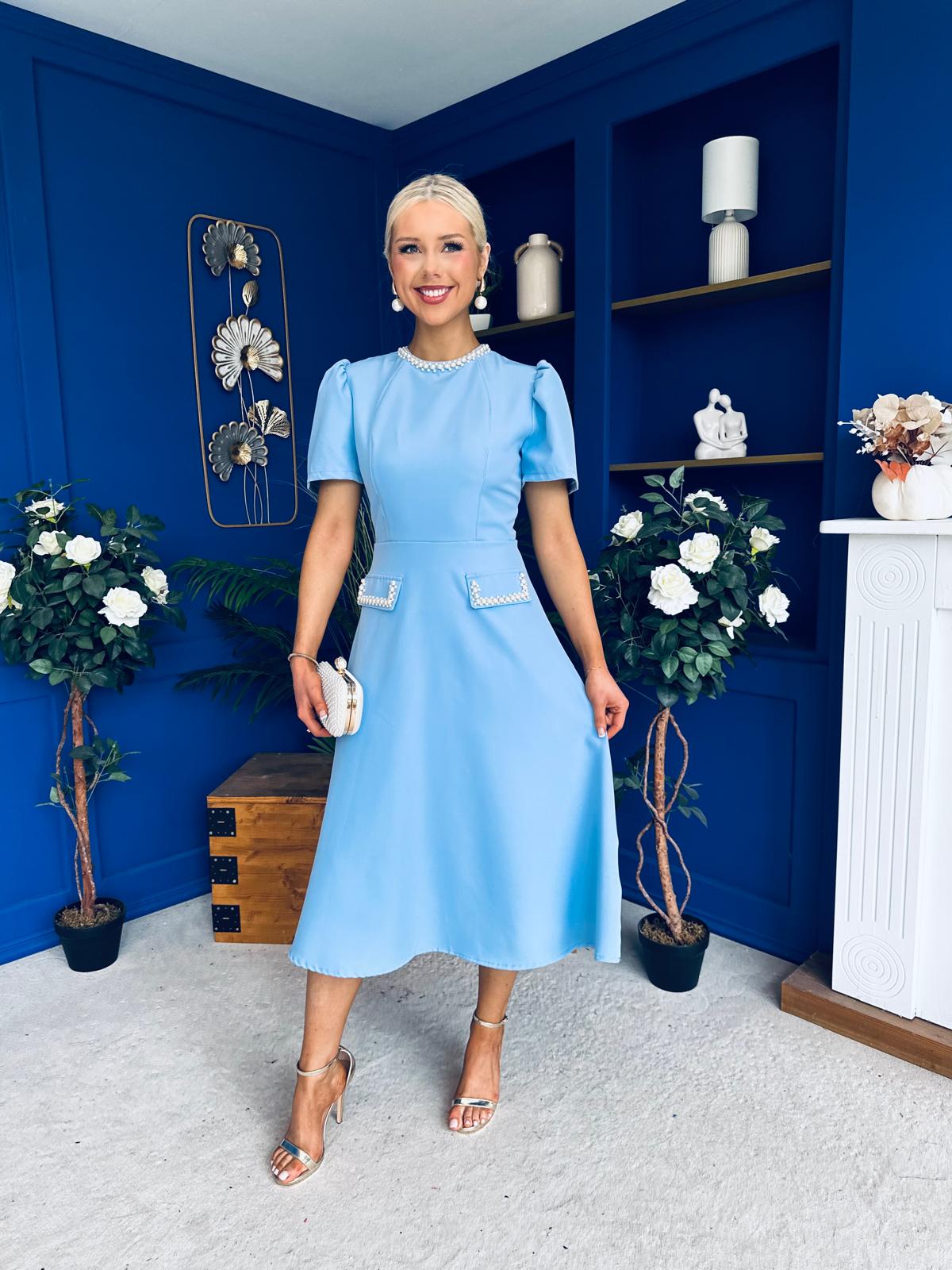 Eleanor Pearl Detail Occasion Midi Dress Pwr Blue