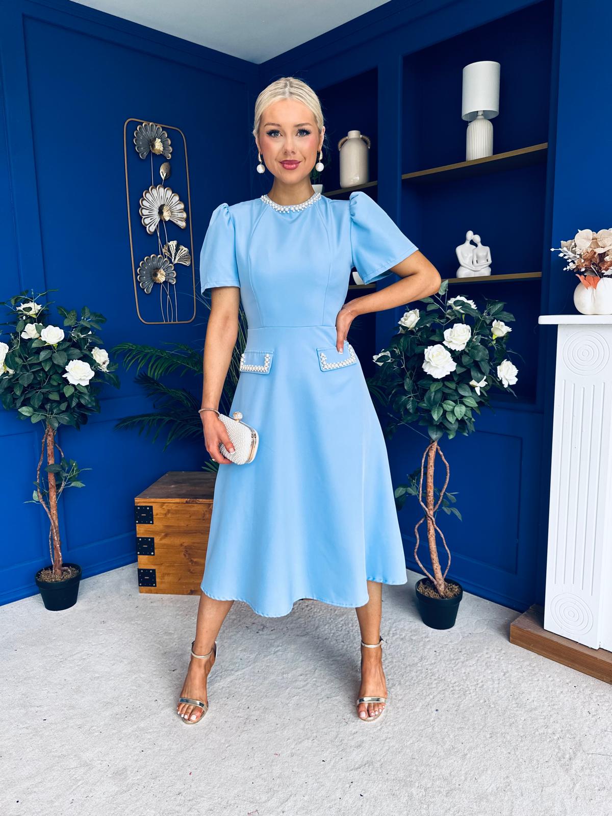 Eleanor Pearl Detail Occasion Midi Dress Pwr Blue