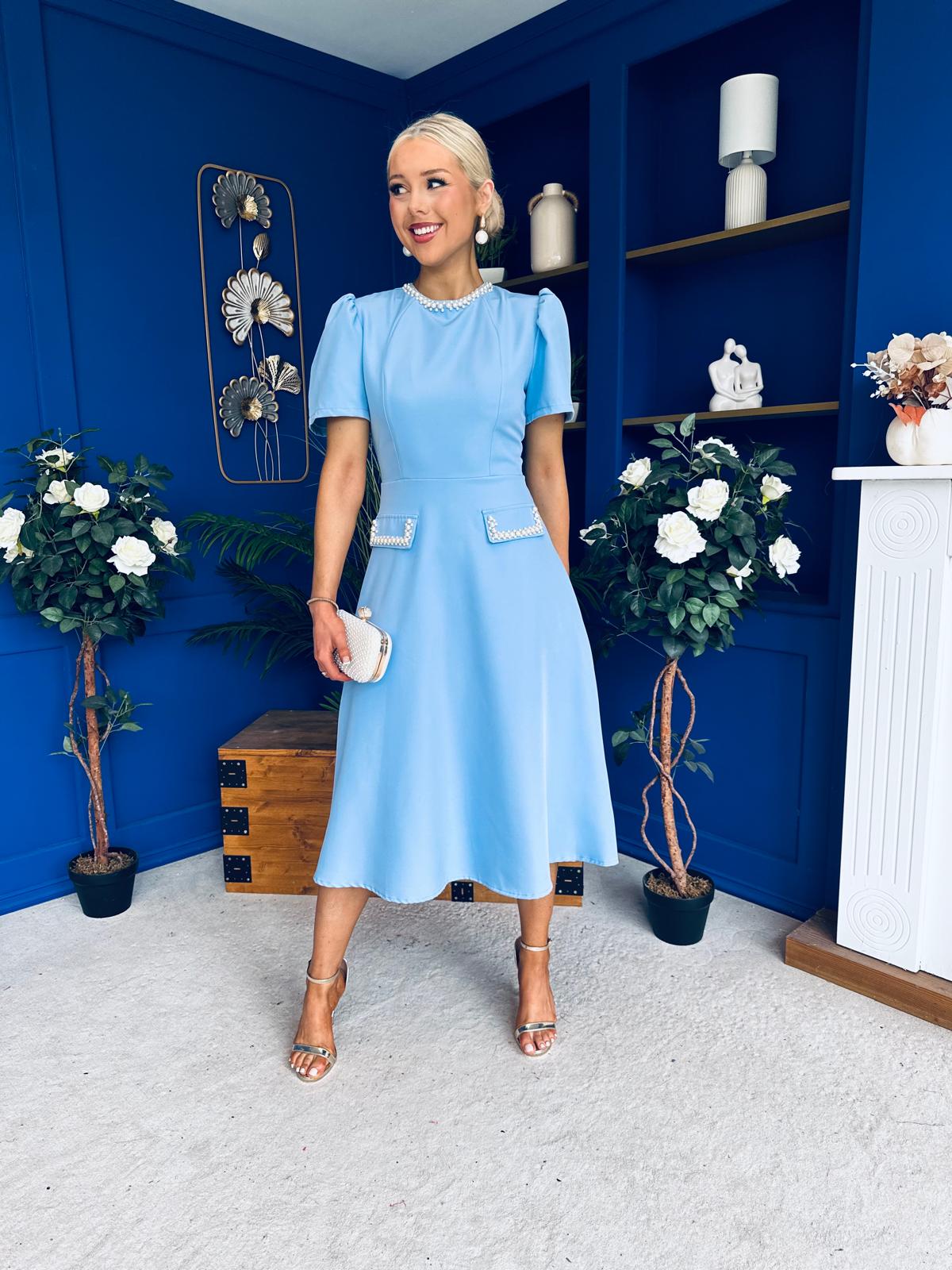 Eleanor Pearl Detail Occasion Midi Dress Pwr Blue