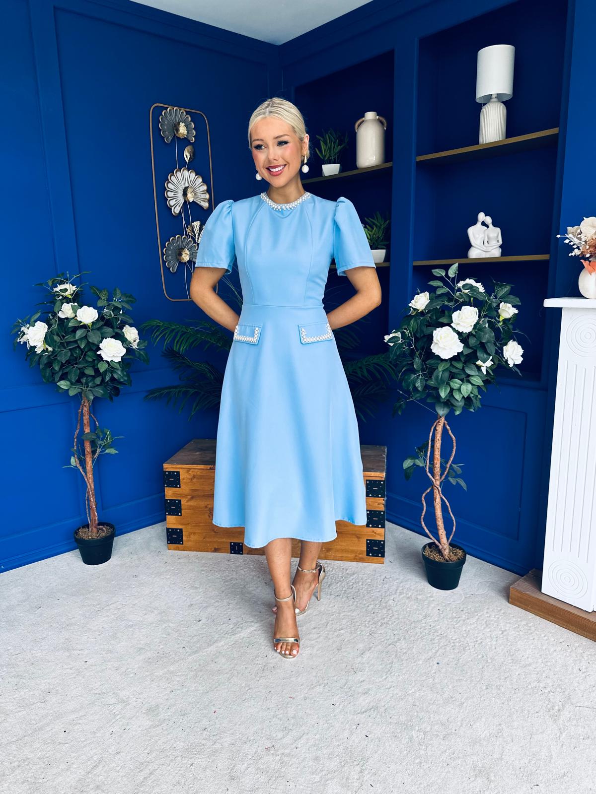 Eleanor Pearl Detail Occasion Midi Dress Pwr Blue