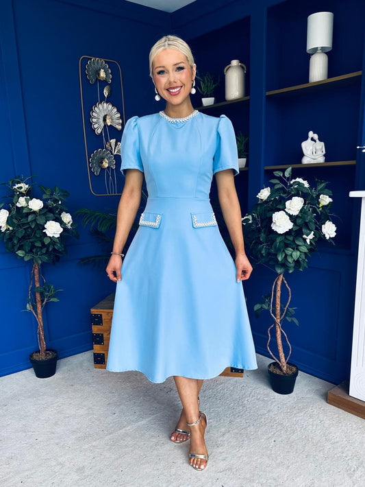 Eleanor Pearl Detail Occasion Midi Dress Pwr Blue