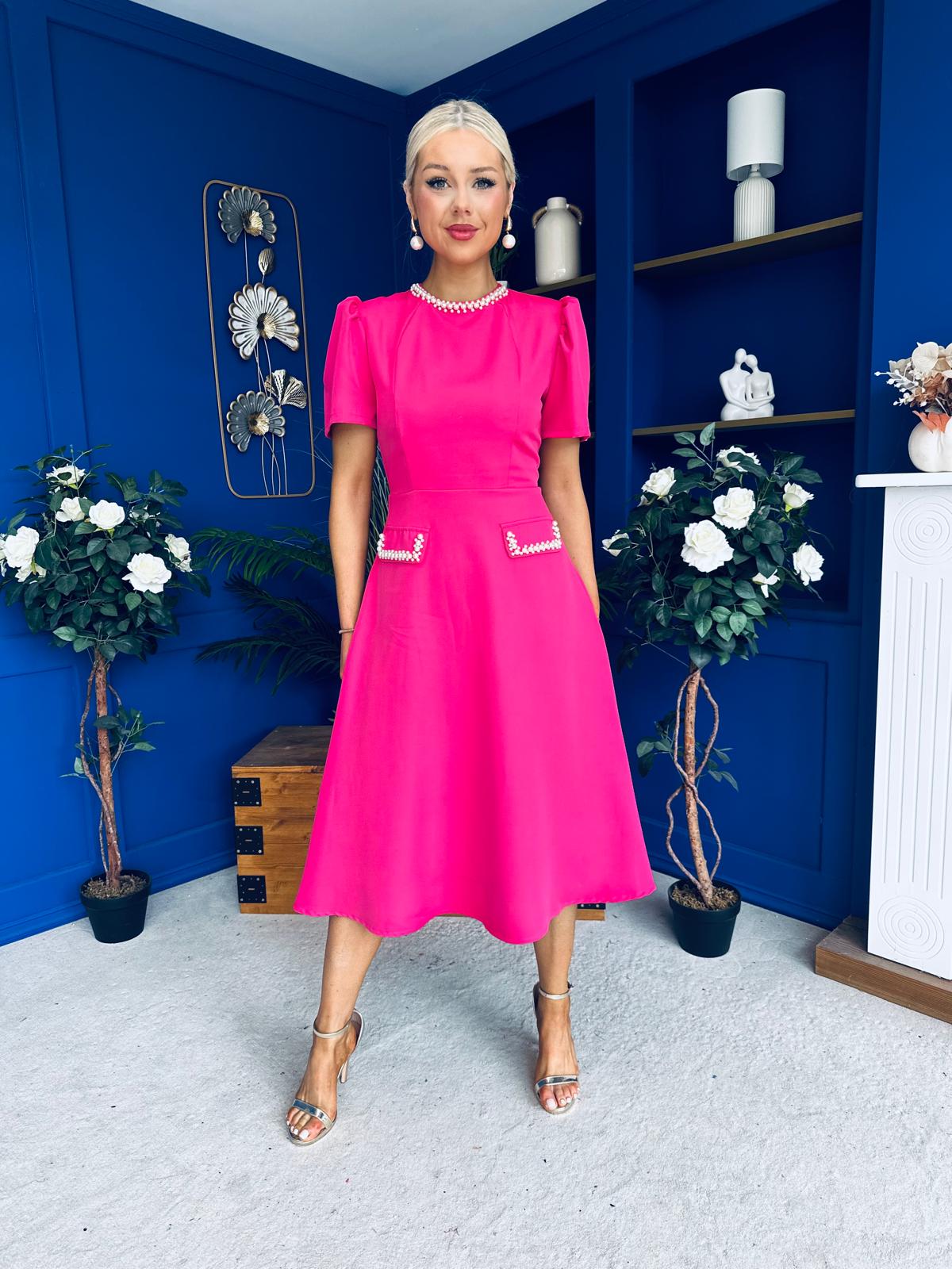 Eleanor Pearl Detail Occasion Midi Dress Hot Pink