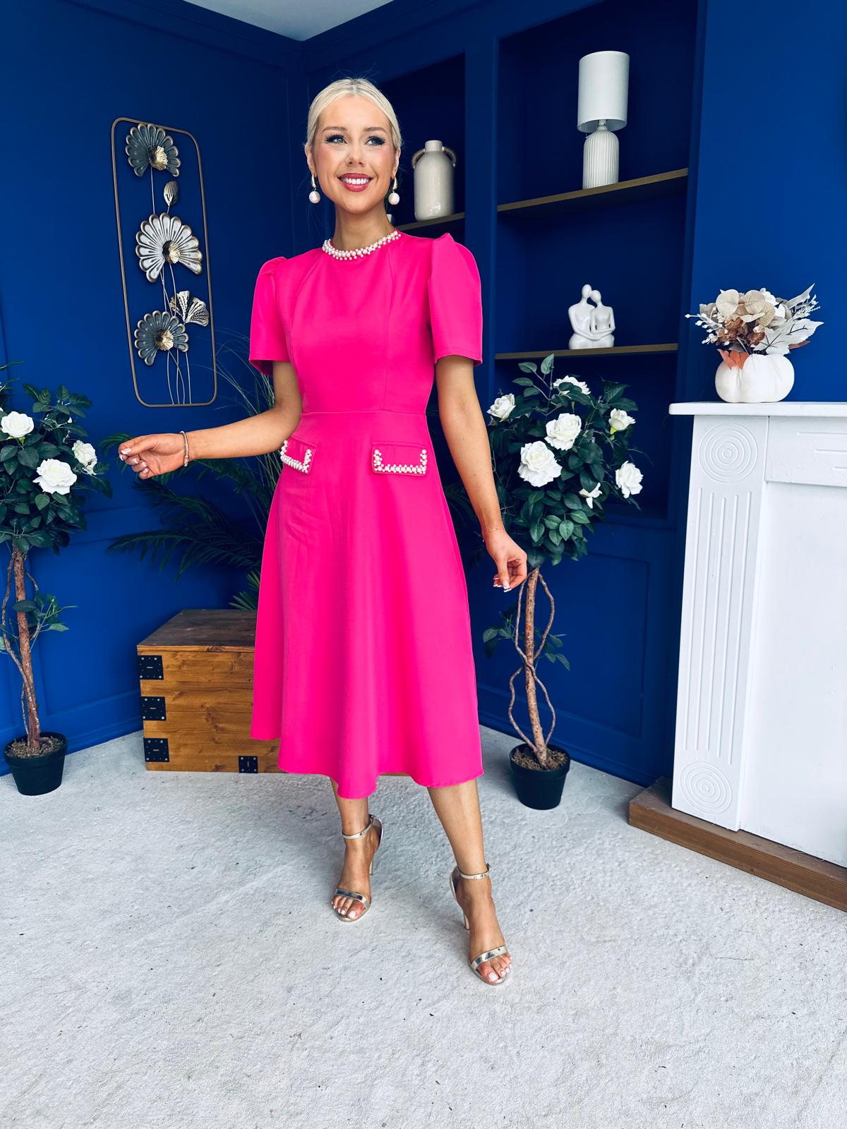 Eleanor Pearl Detail Occasion Midi Dress Hot Pink