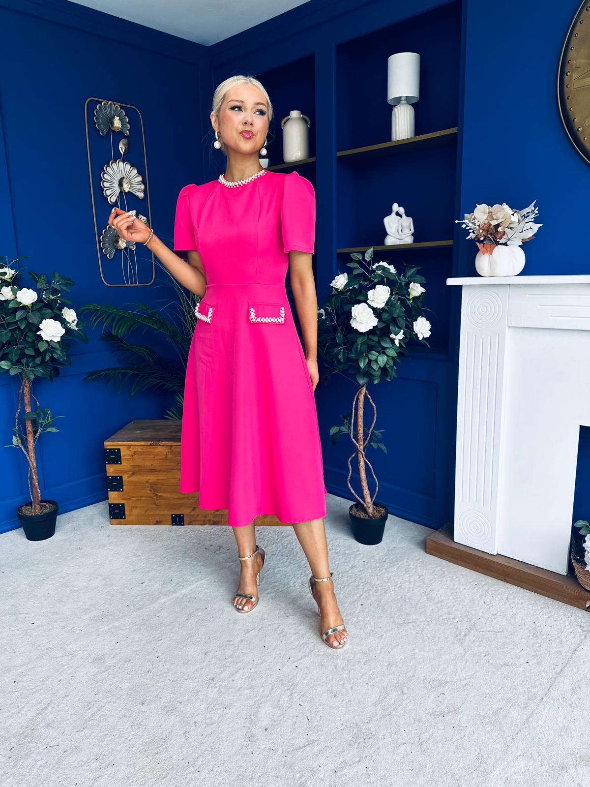 Eleanor Pearl Detail Occasion Midi Dress Hot Pink