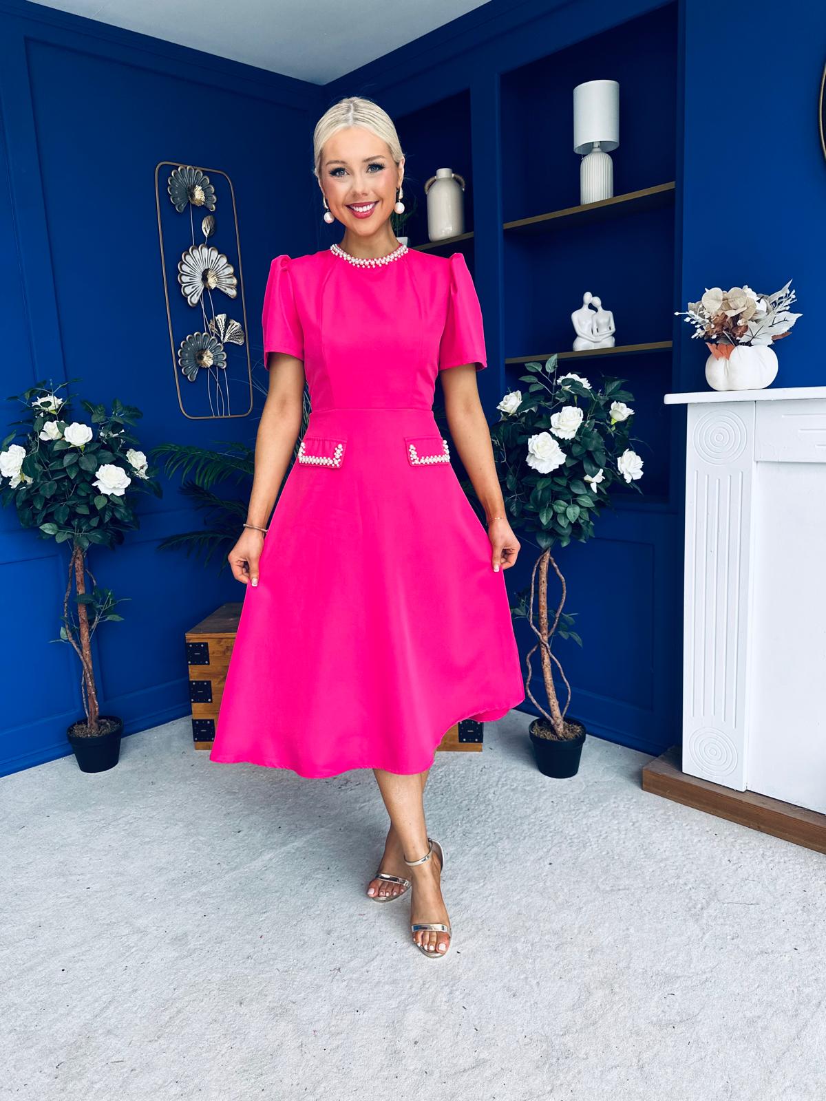 Eleanor Pearl Detail Occasion Midi Dress Hot Pink