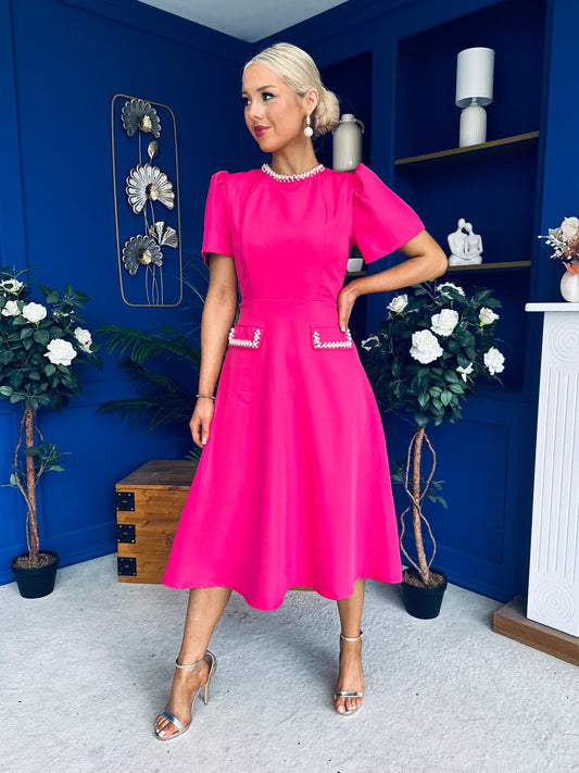 Eleanor Pearl Detail Occasion Midi Dress Hot Pink