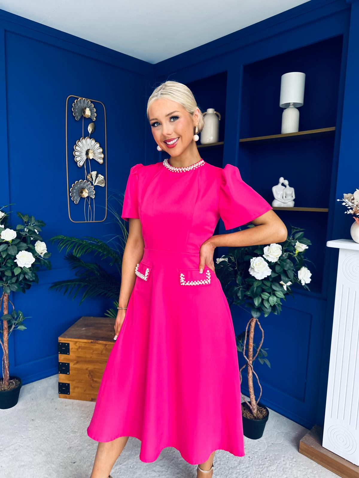 Eleanor Pearl Detail Occasion Midi Dress Hot Pink