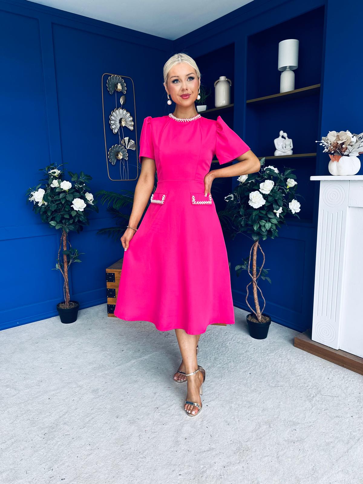 Eleanor Pearl Detail Occasion Midi Dress Hot Pink