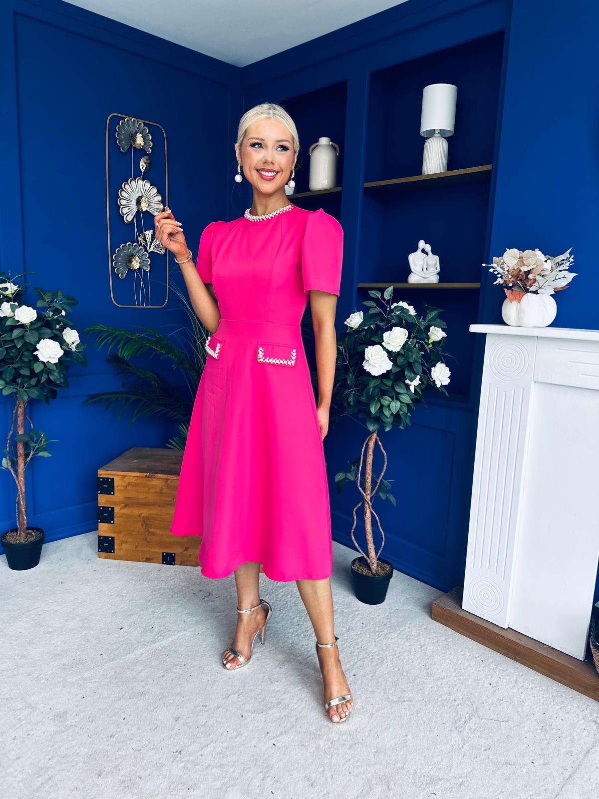 Eleanor Pearl Detail Occasion Midi Dress Hot Pink