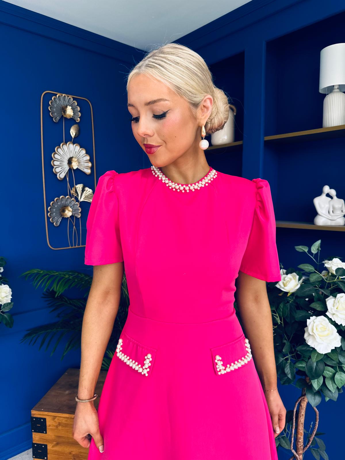 Eleanor Pearl Detail Occasion Midi Dress Hot Pink