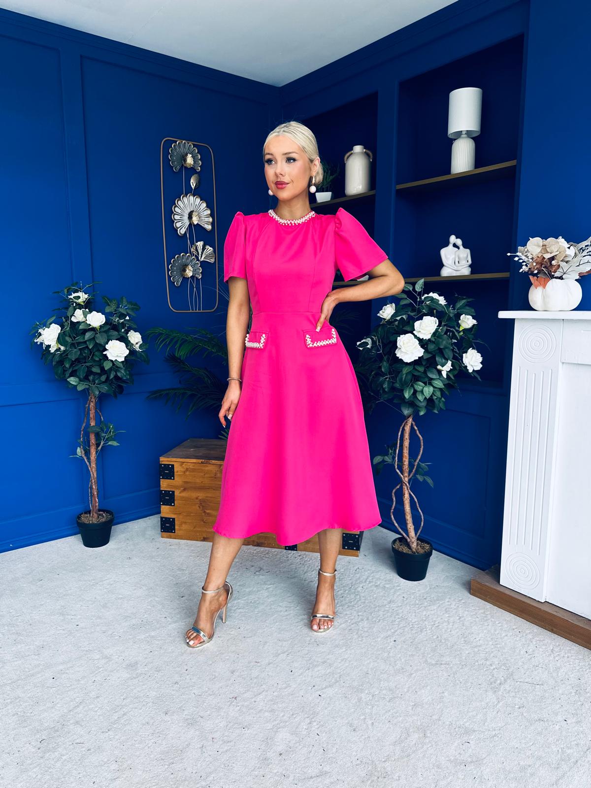 Eleanor Pearl Detail Occasion Midi Dress Hot Pink