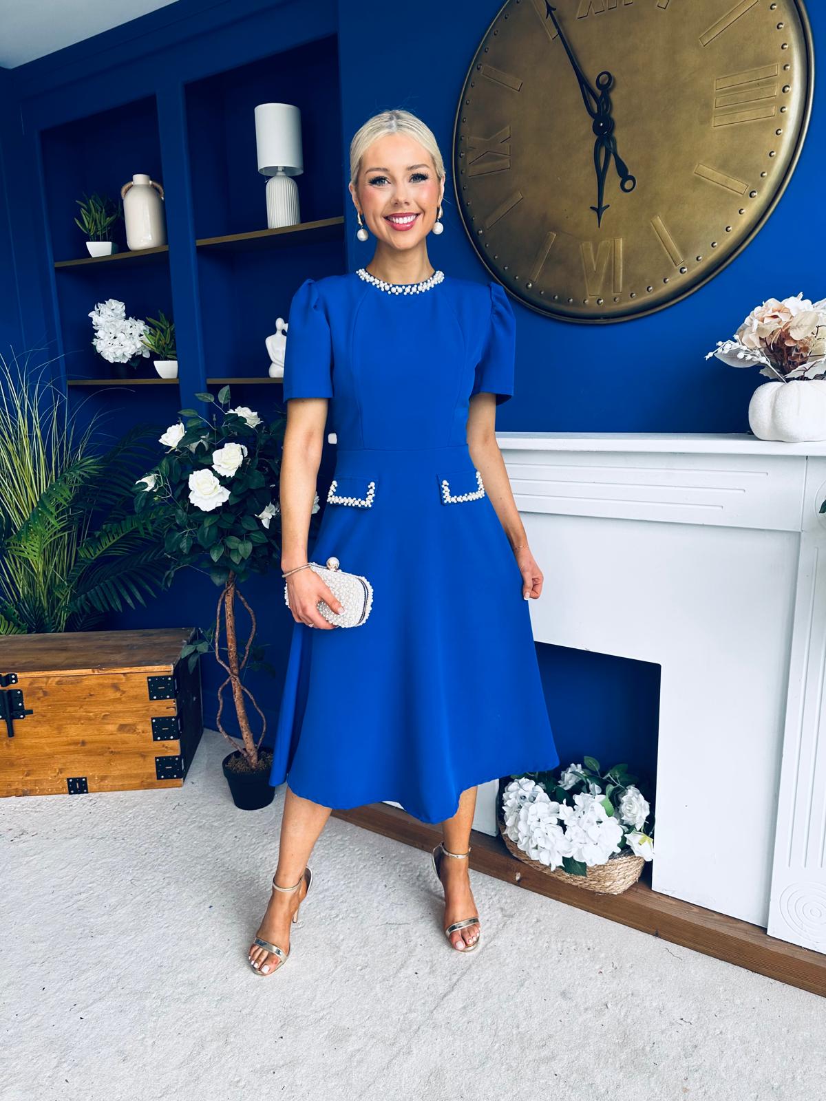 Eleanor Pearl Detail Occasion Midi Dress Cobalt