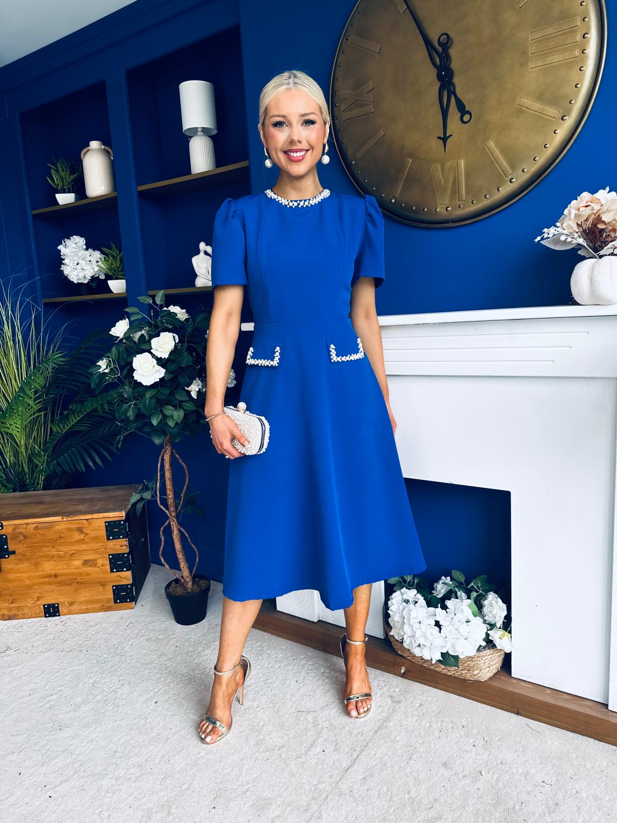 Eleanor Pearl Detail Occasion Midi Dress Cobalt