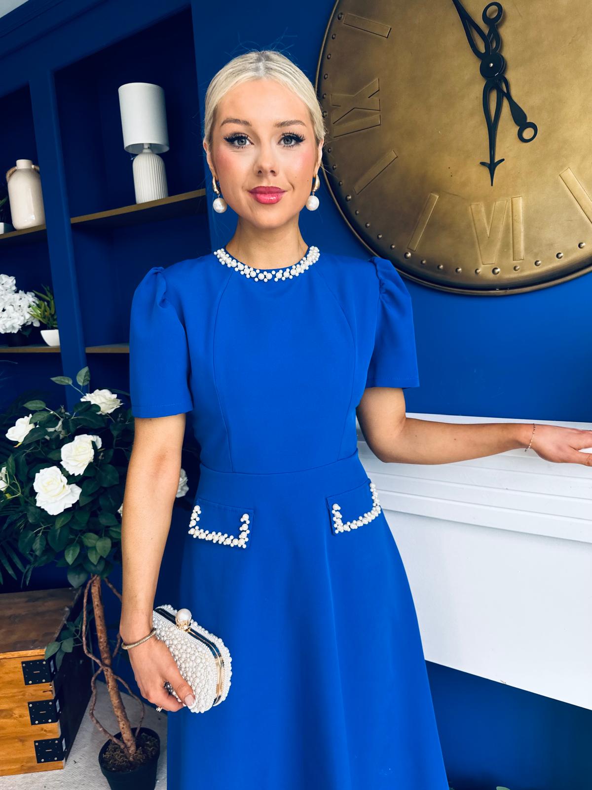 Eleanor Pearl Detail Occasion Midi Dress Cobalt