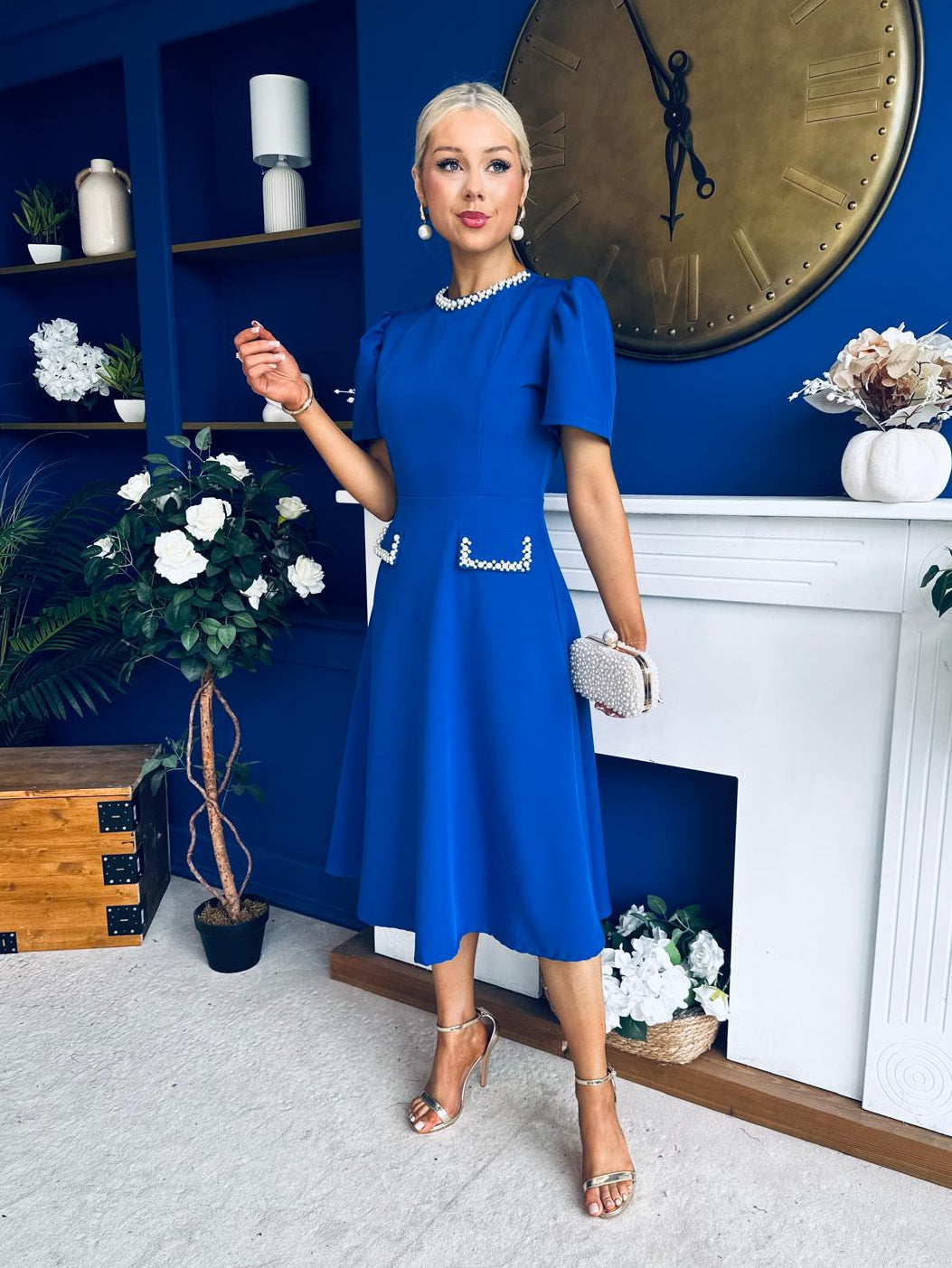 Eleanor Pearl Detail Occasion Midi Dress Cobalt