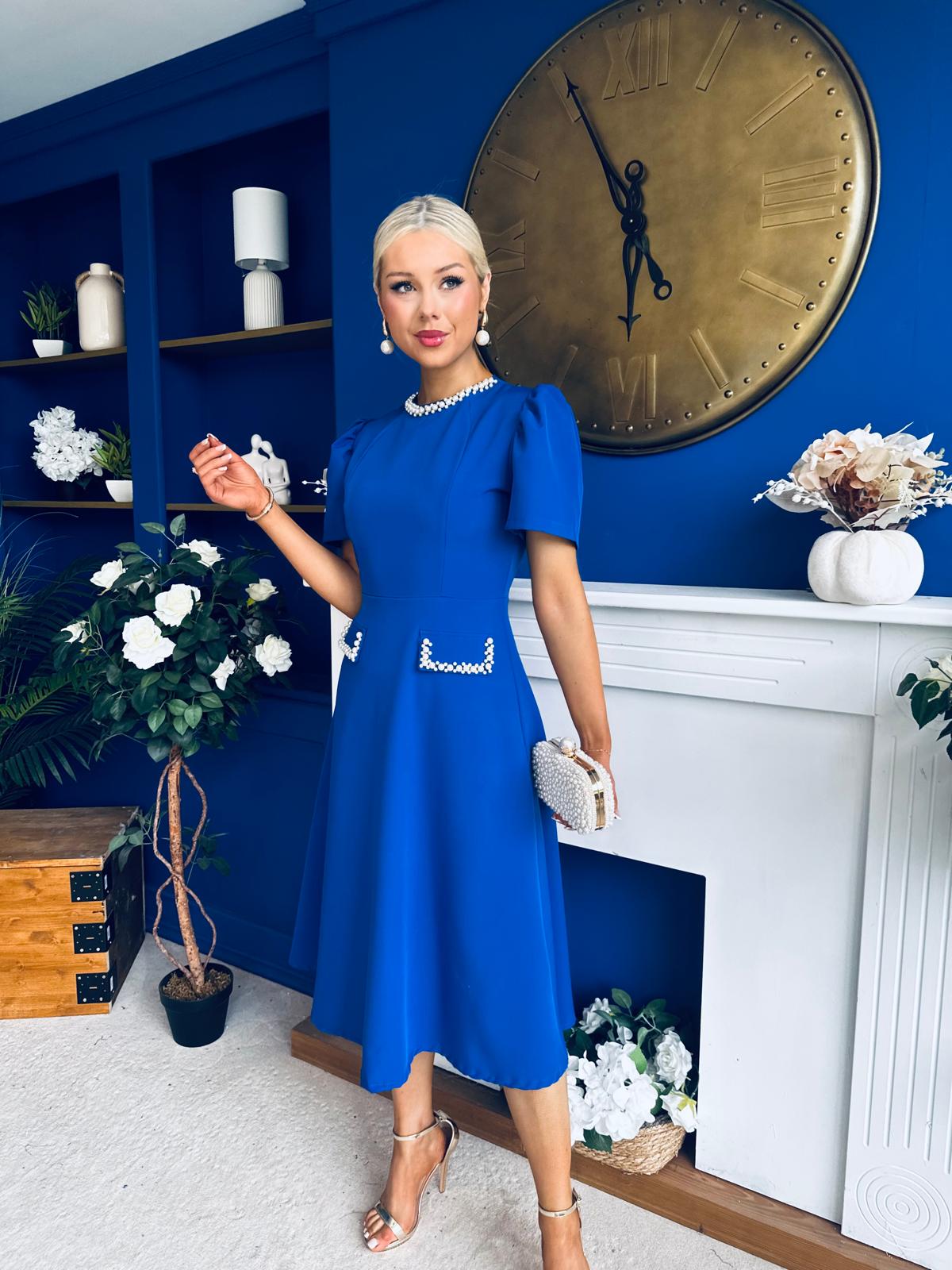 Eleanor Pearl Detail Occasion Midi Dress Cobalt
