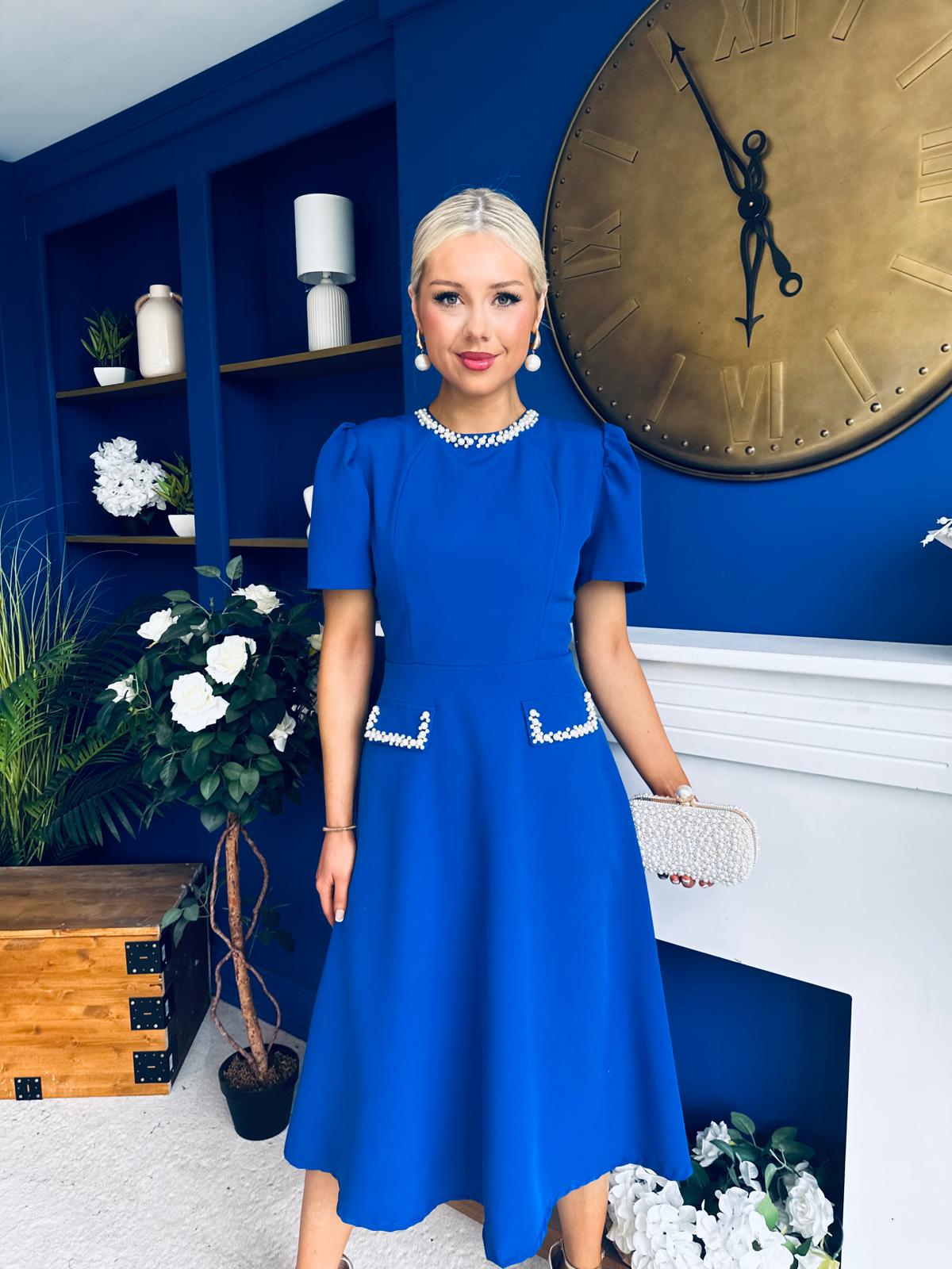 Eleanor Pearl Detail Occasion Midi Dress Cobalt