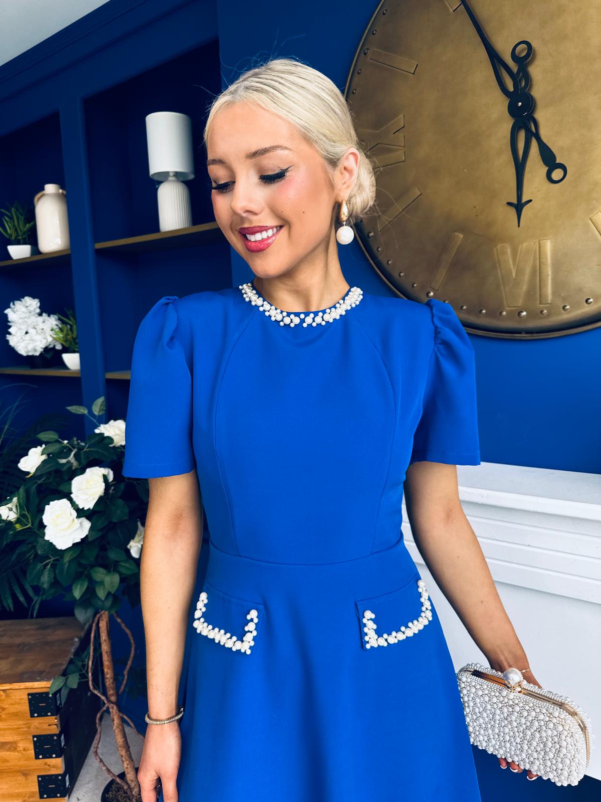 Eleanor Pearl Detail Occasion Midi Dress Cobalt