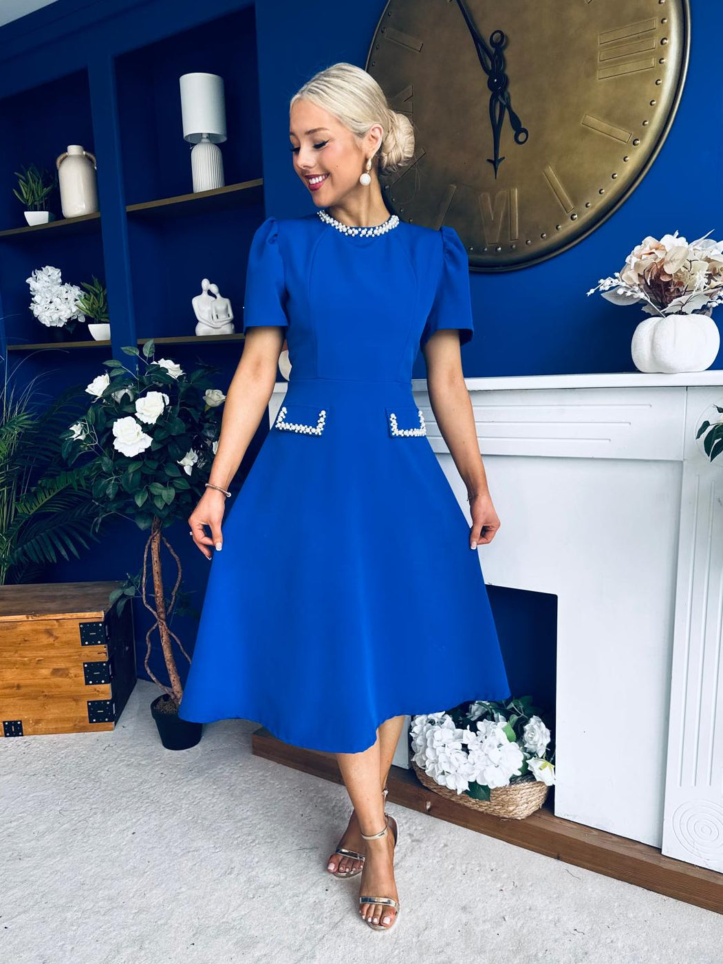 Eleanor Pearl Detail Occasion Midi Dress Cobalt