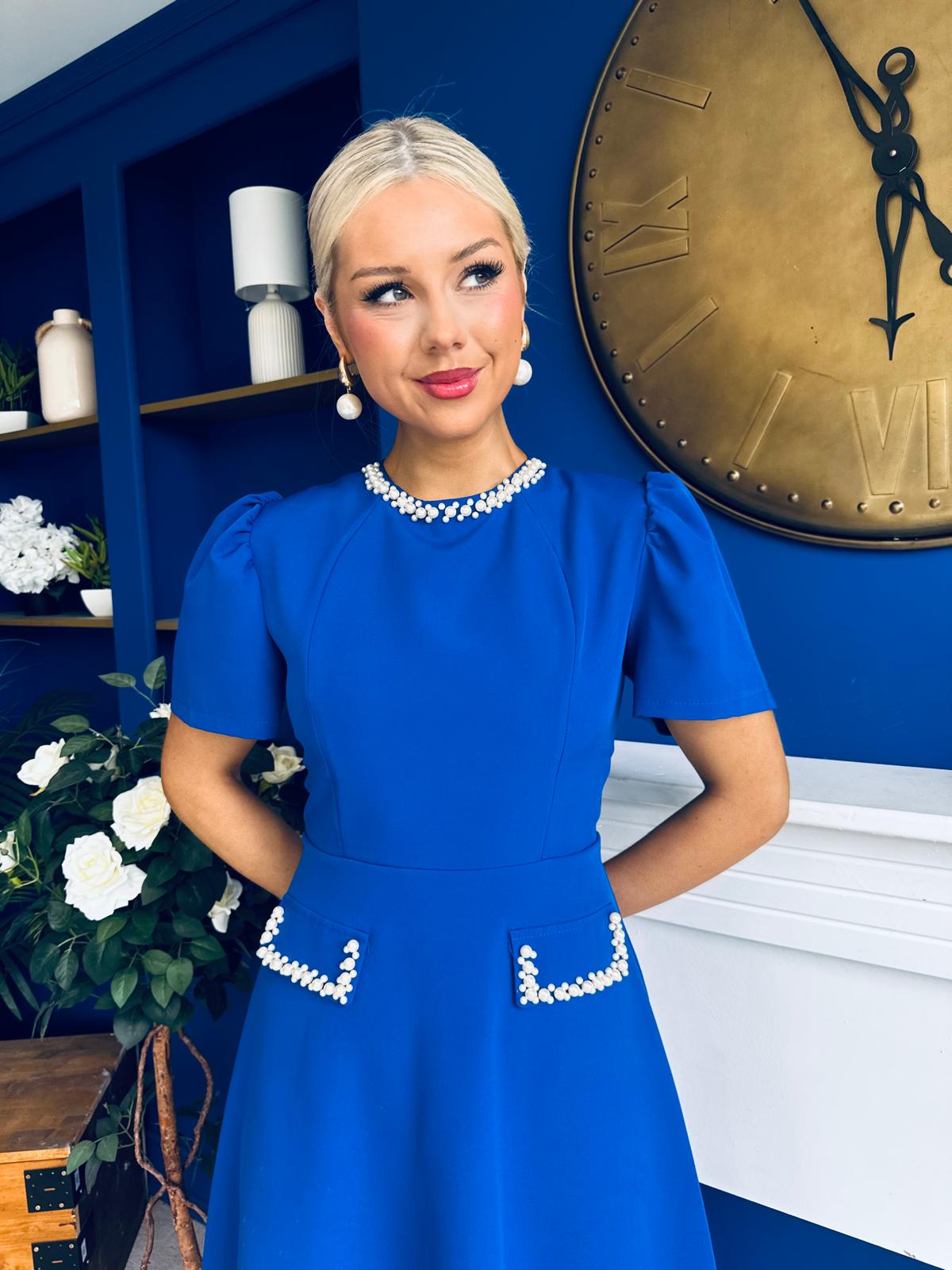 Eleanor Pearl Detail Occasion Midi Dress Cobalt