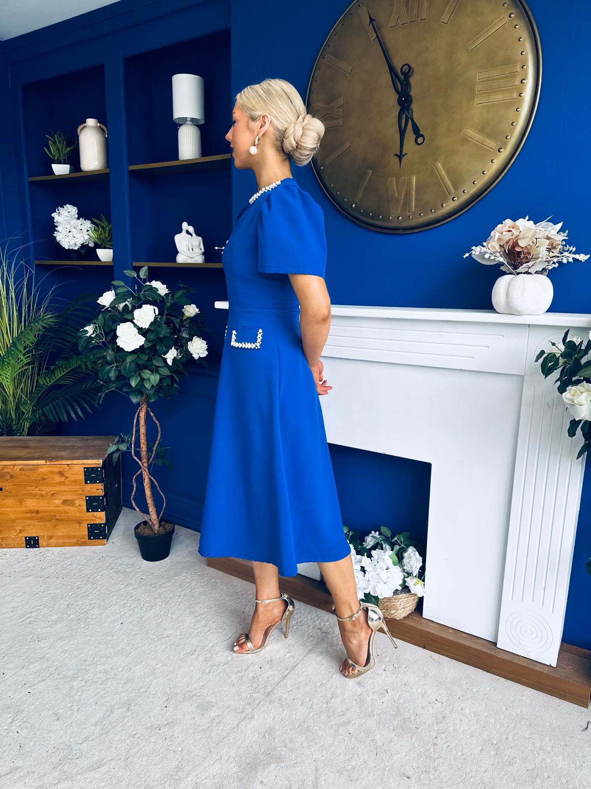 Eleanor Pearl Detail Occasion Midi Dress Cobalt