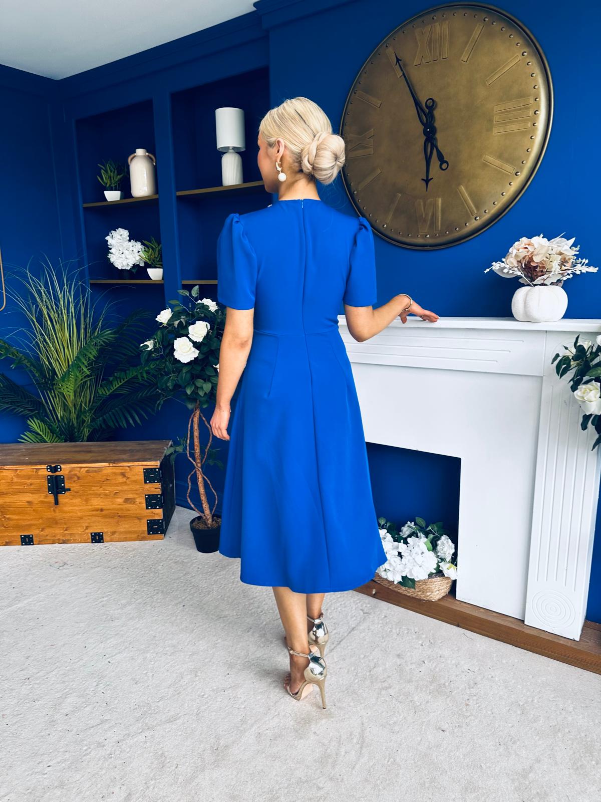 Eleanor Pearl Detail Occasion Midi Dress Cobalt
