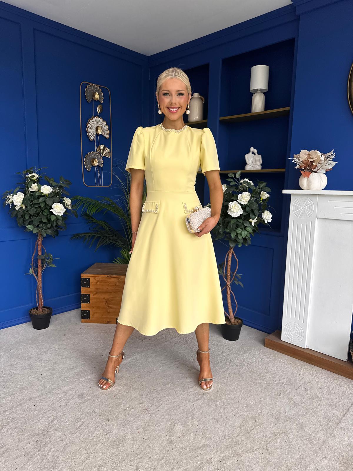 Eleanor Pearl Detail Occasion Midi Dress Yellow