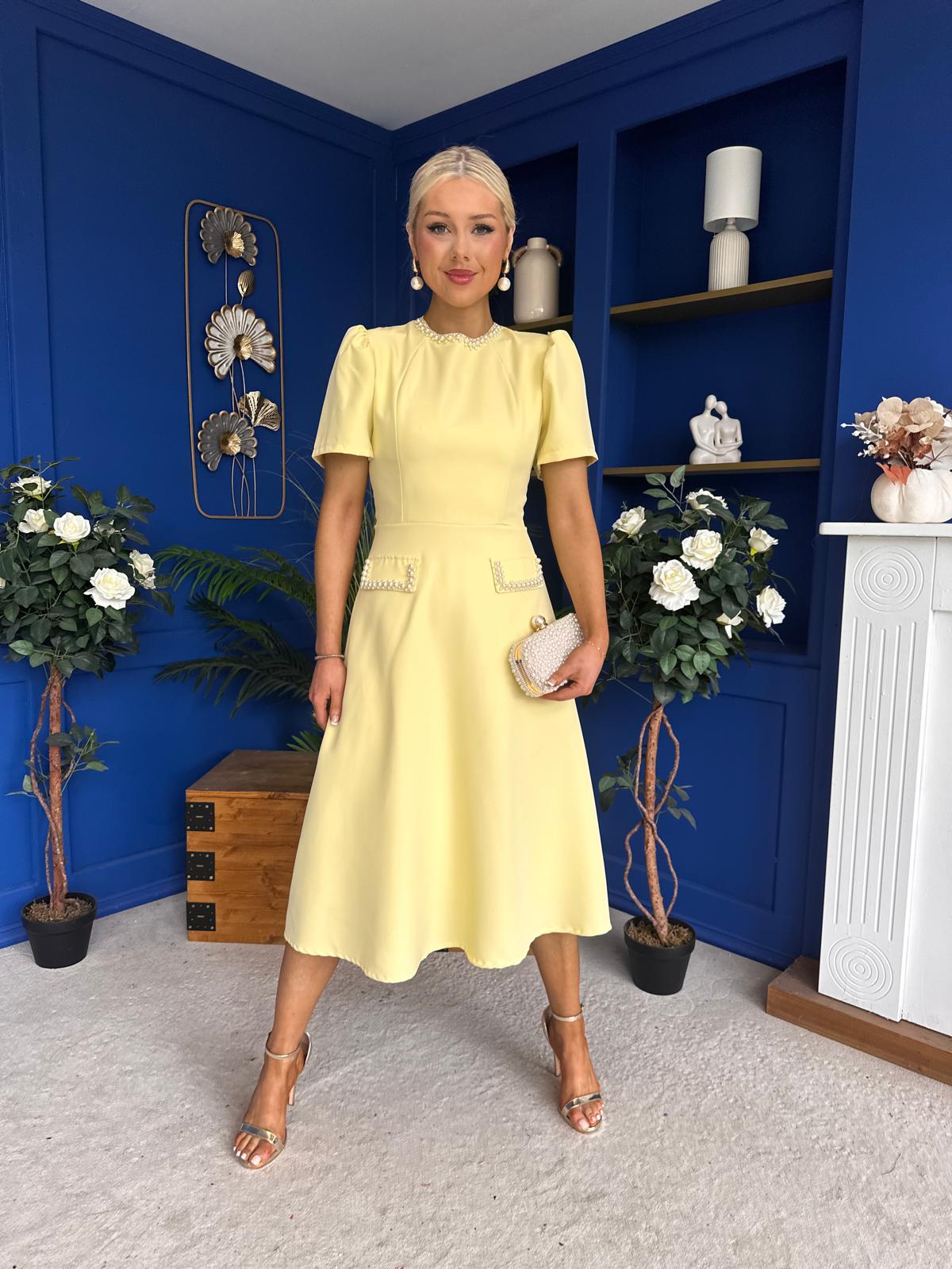 Eleanor Pearl Detail Occasion Midi Dress Yellow