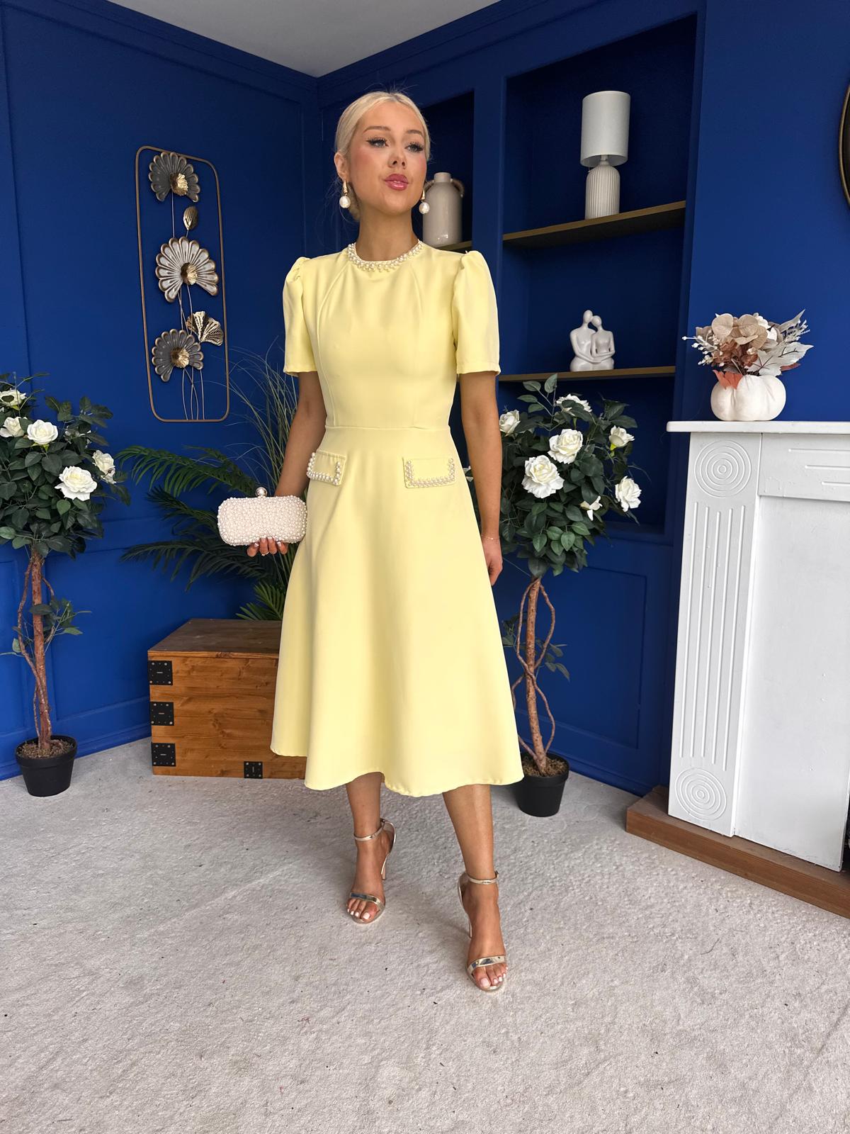 Eleanor Pearl Detail Occasion Midi Dress Yellow