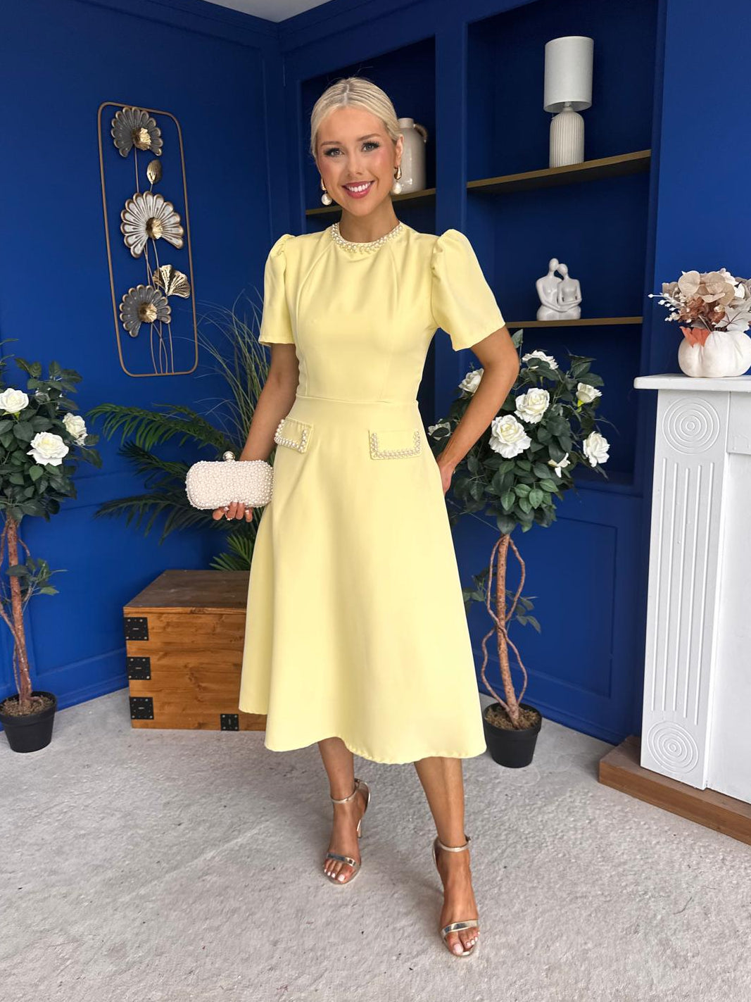 Eleanor Pearl Detail Occasion Midi Dress Yellow