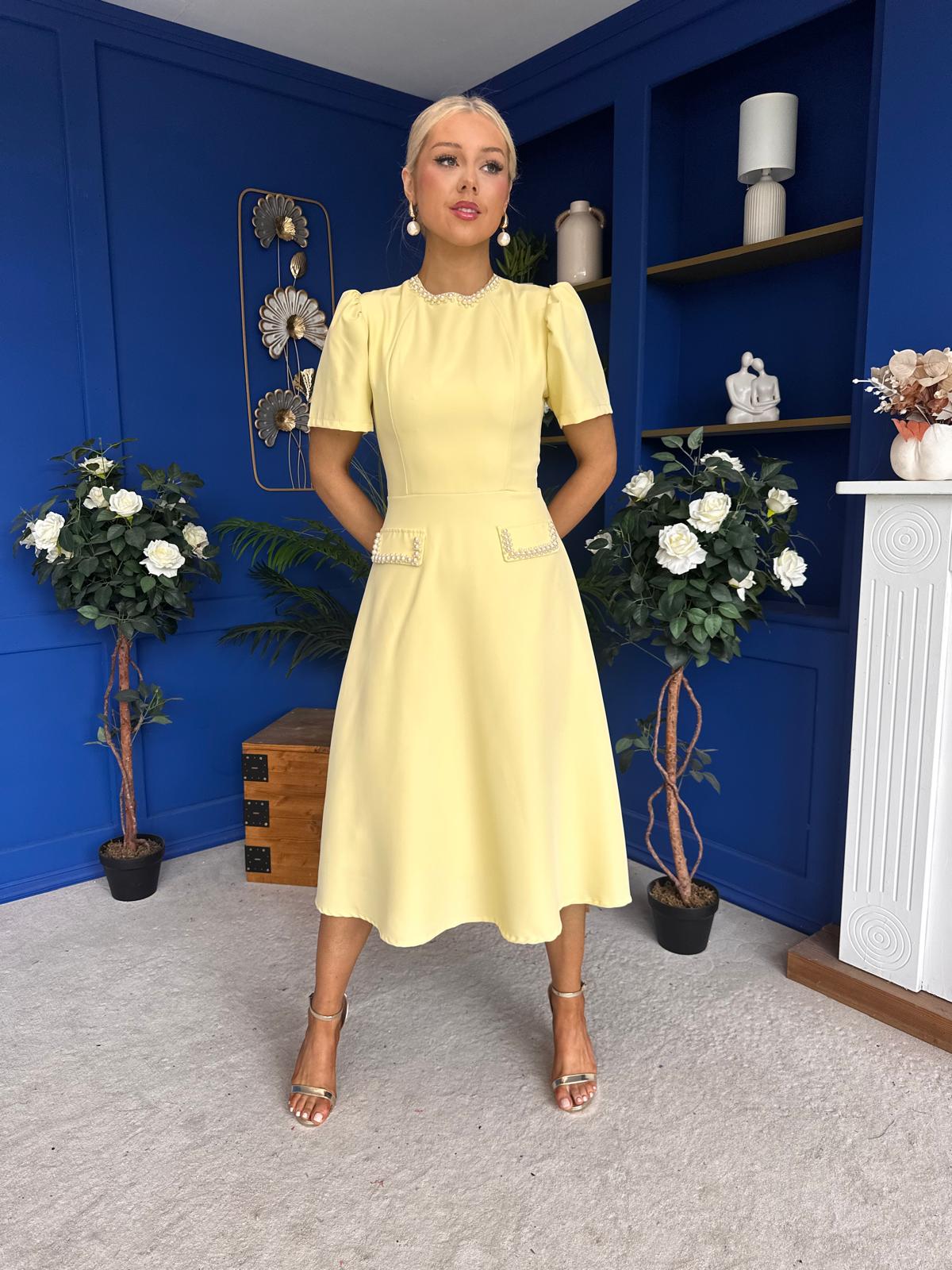 Eleanor Pearl Detail Occasion Midi Dress Yellow