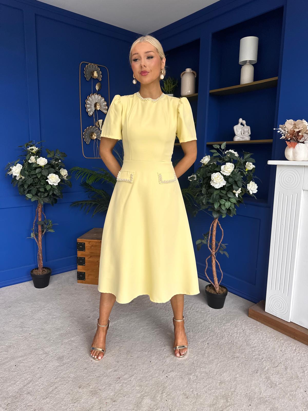 Eleanor Pearl Detail Occasion Midi Dress Yellow