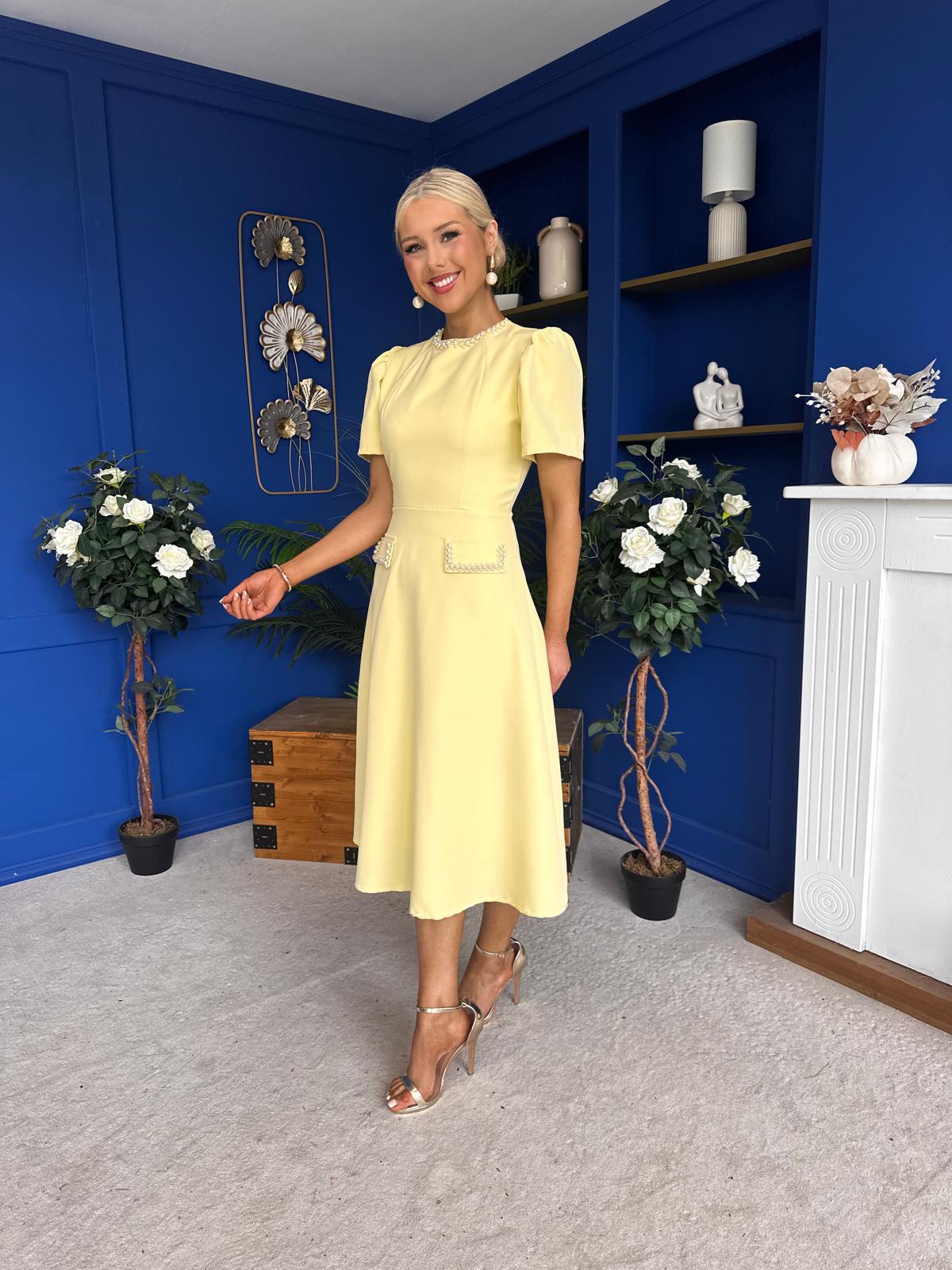 Eleanor Pearl Detail Occasion Midi Dress Yellow