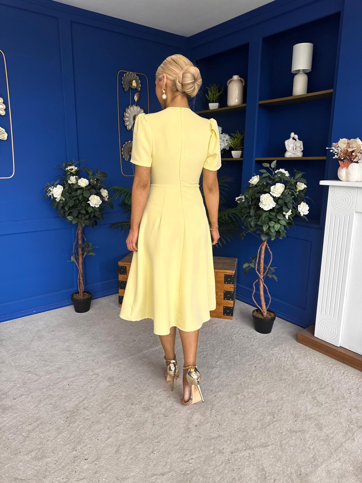 Eleanor Pearl Detail Occasion Midi Dress Yellow