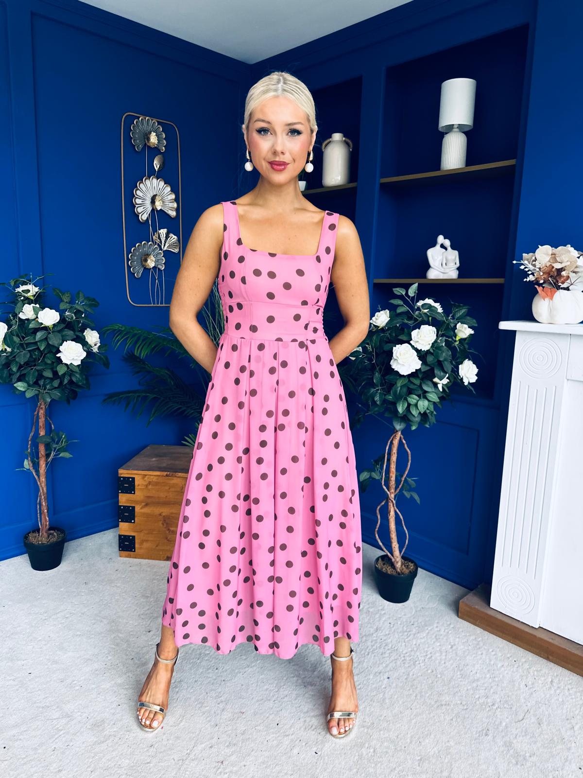 Nadia Sleeveless Midi Dress Polka Pink