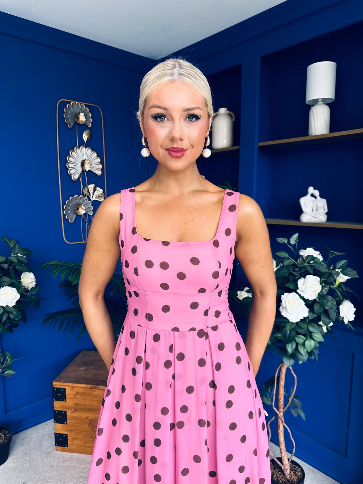 Nadia Sleeveless Midi Dress Polka Pink