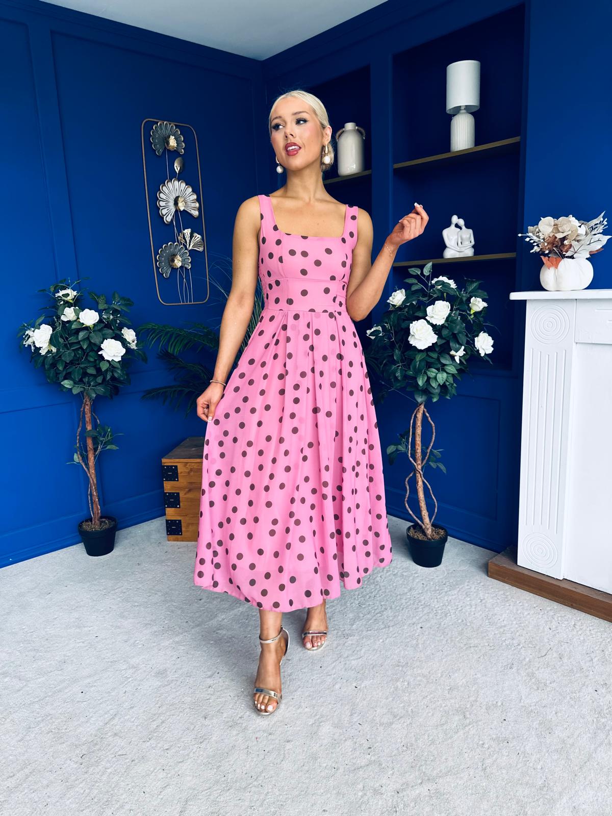 Nadia Sleeveless Midi Dress Polka Pink