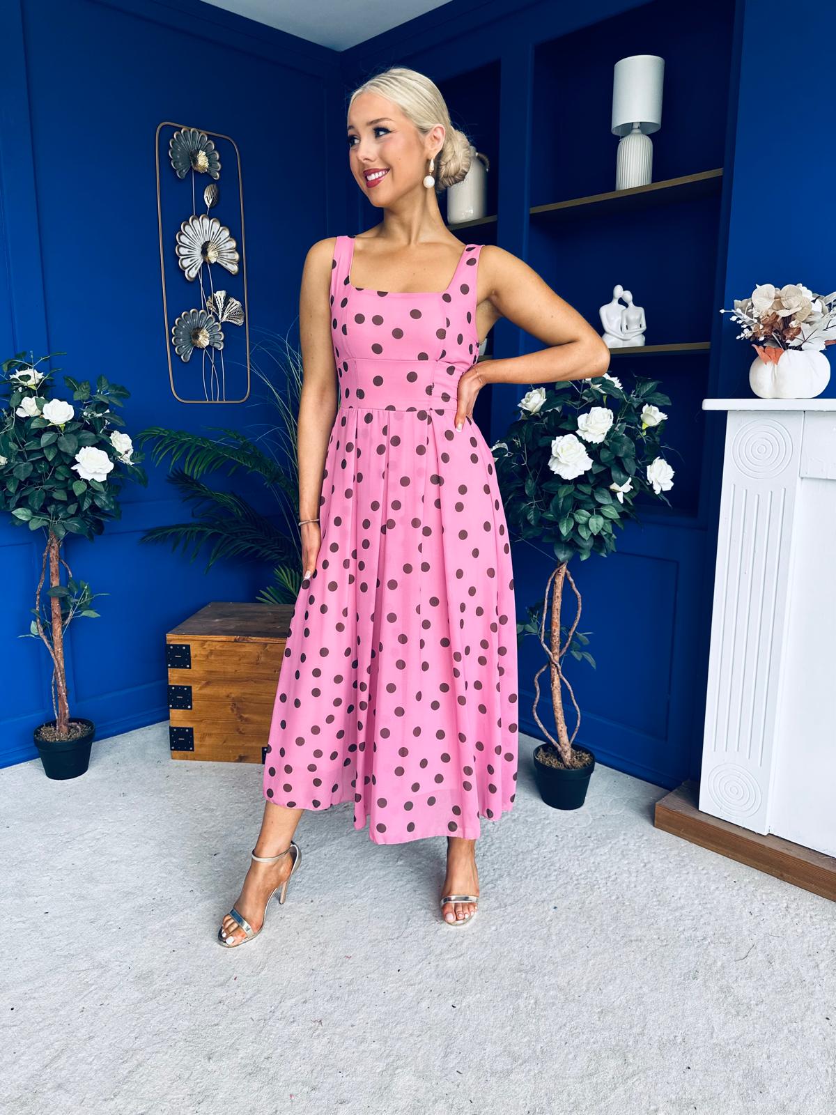 Nadia Sleeveless Midi Dress Polka Pink