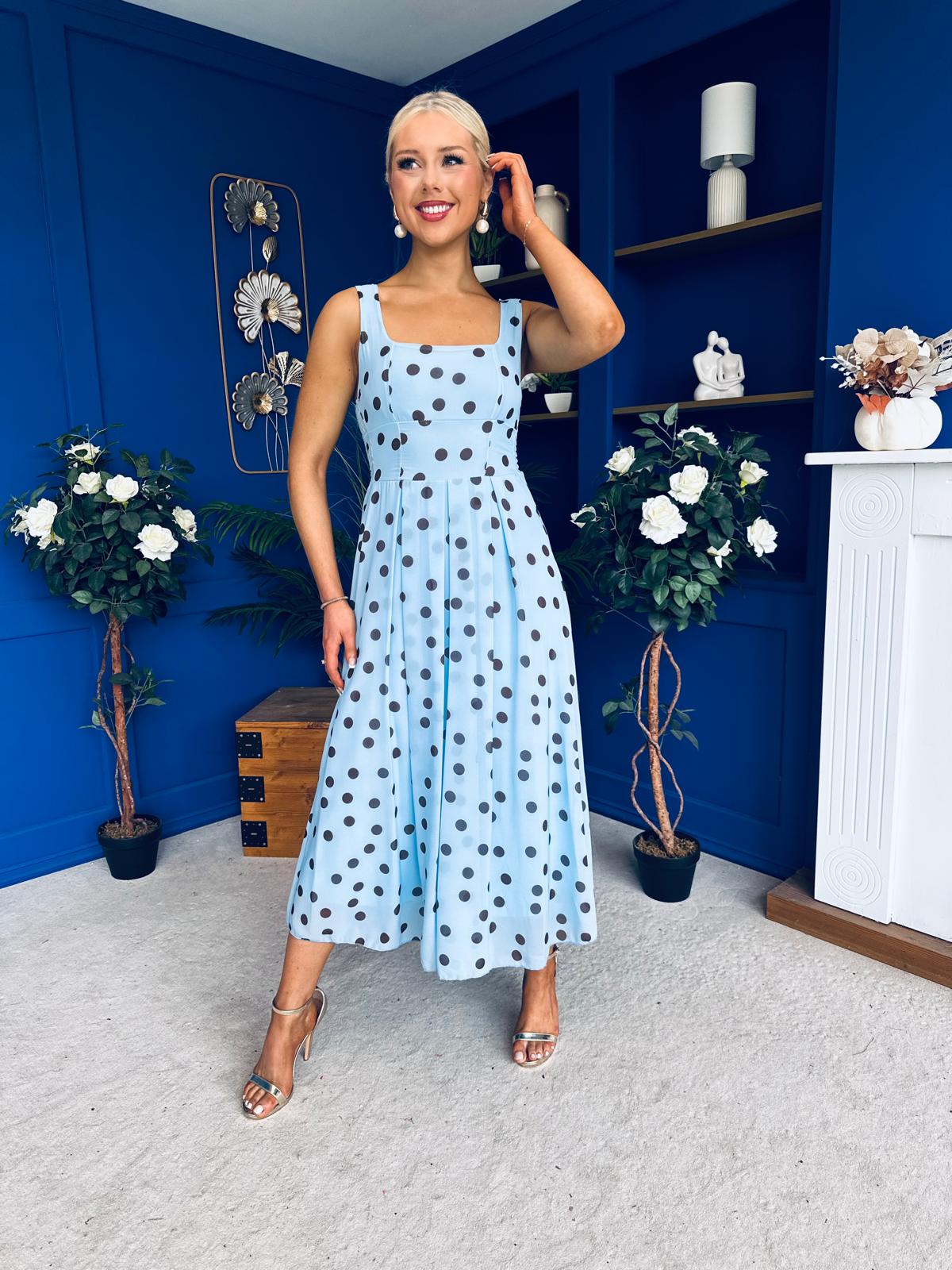 Nadia Sleeveless Midi Dress Polka Blue