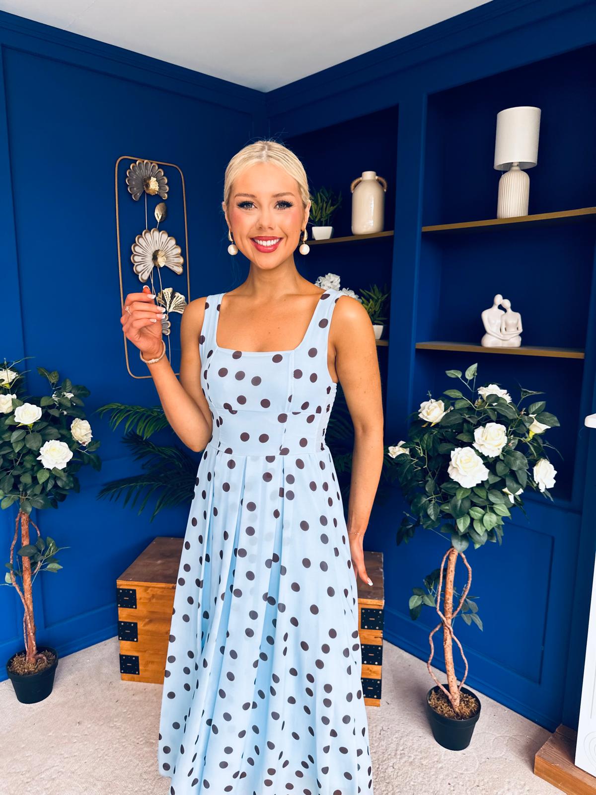 Nadia Sleeveless Midi Dress Polka Blue